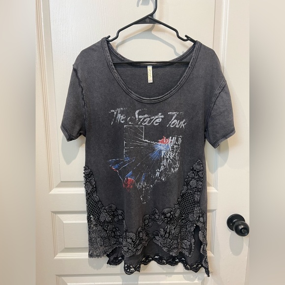 Free People Texas State Tour Distressed Graphic Lace Crochet Tee XS NWOT - Picture 2 of 5